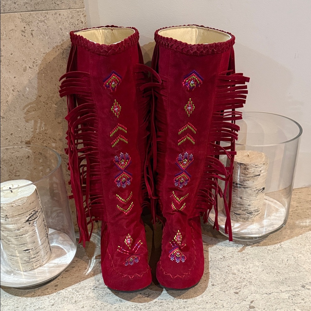 Fringe Embroidered Red Boots - image 1